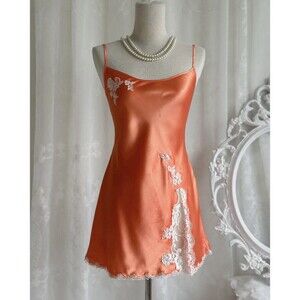 Victoria’s Secret Y2K Satin Lace Slip Dress Orange Peach Nightgown Med Lingerie